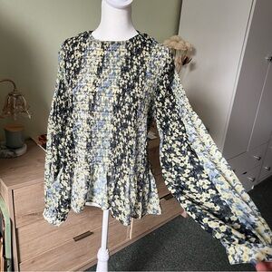 Pastel Ditsy Floral Balloon Long-Sleeve Modest Smocked Ruched Peplum Top Blouse